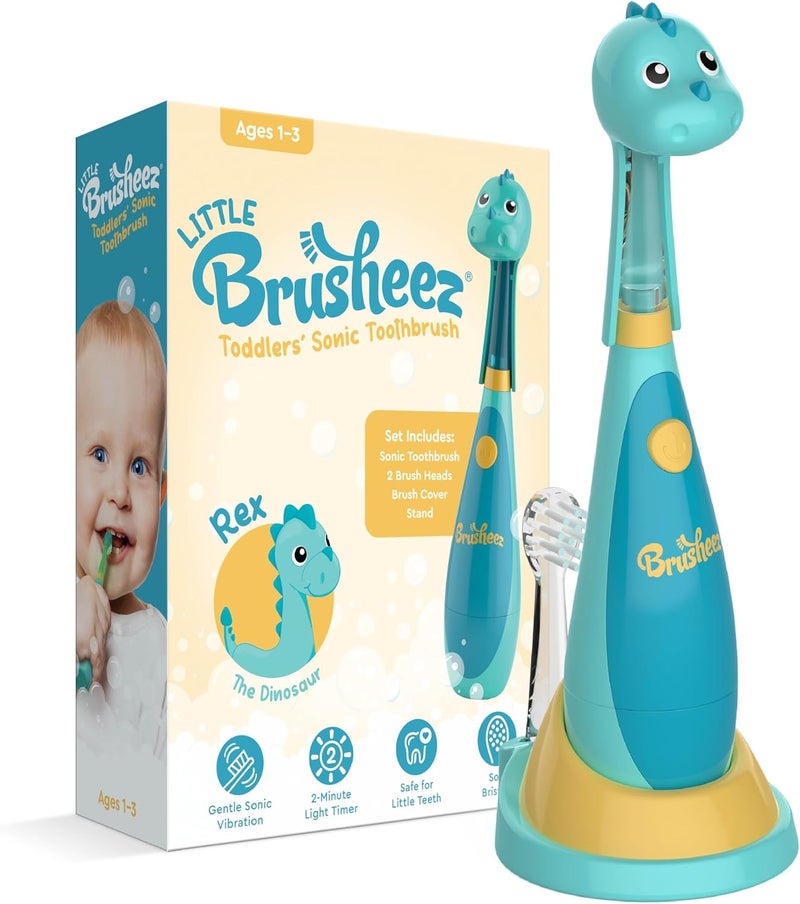 Brusheez Little Toddlers’ Sonic Toothbrush - Safe & Gentle Toothbrush for Ages 1-3 with Built-in, Light-Up 2-Minute Timer, Extra Brush Head, & Storage Base for First-Time Brushers (Rex The Dinosaur) - Image 1